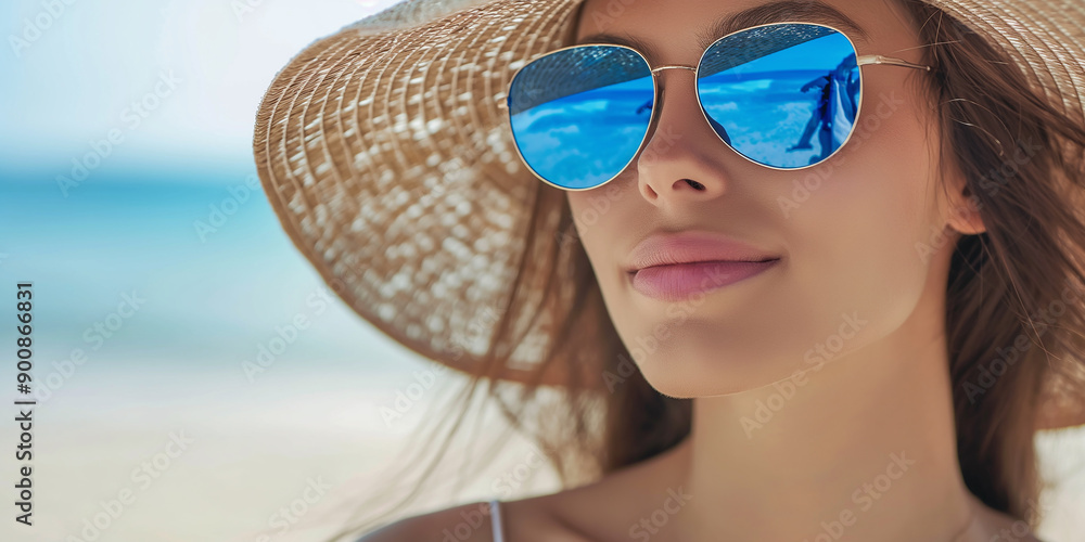 © Andres Mejia - Beautiful woman wearing sunglasses and a straw hat enjoying the beach © Andres Mejia - Beautiful woman wearing sunglasses and a straw hat enjoying the beach