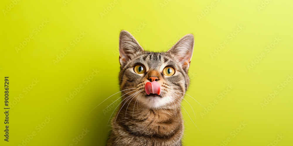 Funny tabby cat licking nose with tongue out on green background Funny tabby cat licking nose with tongue out on green background