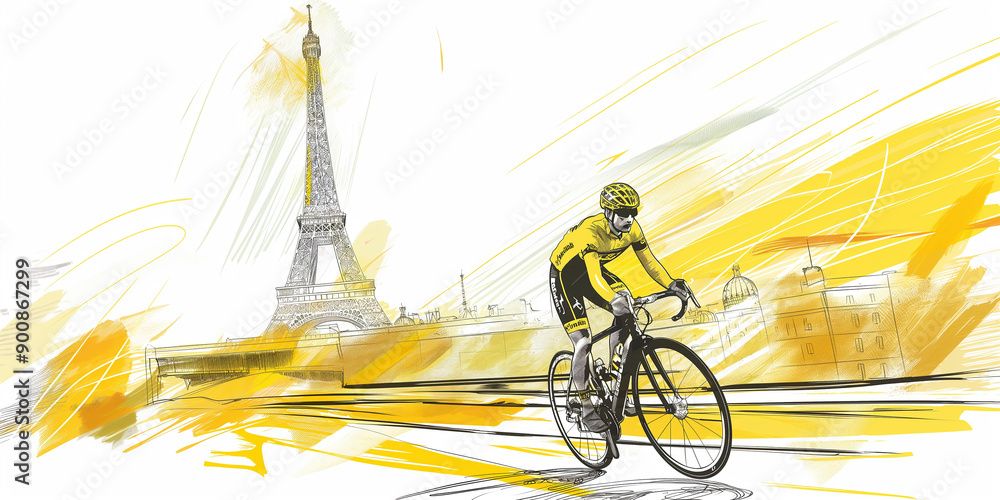Obraz premium Professional cyclist wearing yellow jersey riding near eiffel tower paris