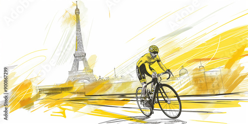 Professional cyclist wearing yellow jersey riding near eiffel tower paris