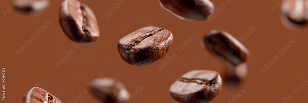 Roasted coffee beans floating on a brown background Roasted coffee beans floating on a brown background