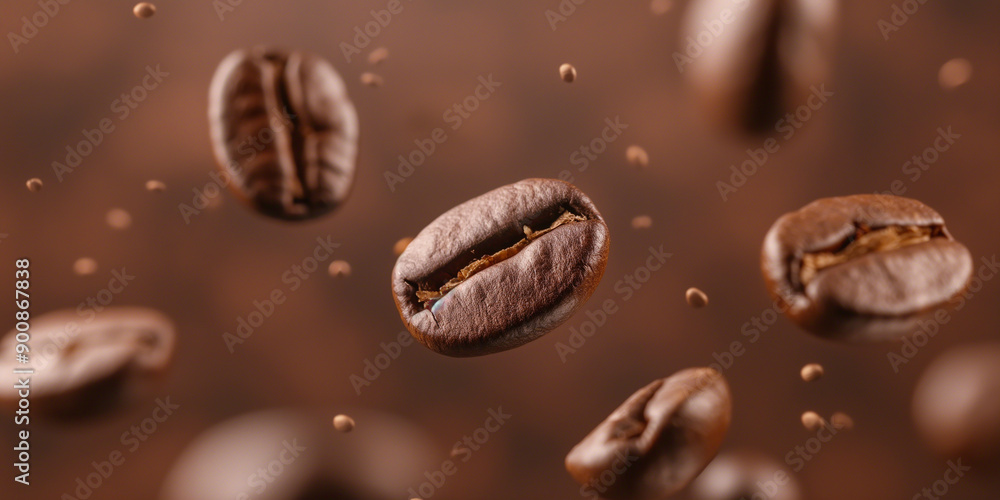 Roasted coffee beans floating in mid air on brown background Roasted coffee beans floating in mid air on brown background
