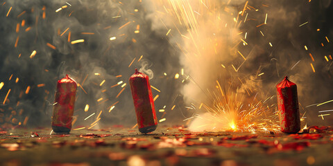 Firecracker exploding with blinding sparks and smoke on diwali festival
