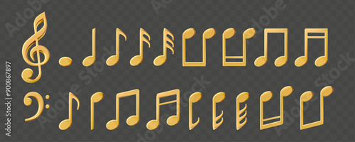 Music notes vector icon set. Golden metallic melody illustration for singing song or playing instrument. Sound listening concept. Musical concert illustration in 3d cartoon shiny render on dark