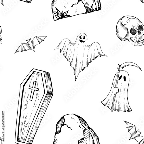 Human skull with black eyes seamless pattern. Vector zombie arms sticking out of the ground, gravestone in a cemetery, black bat . Hand painted linear wooden coffin with a cross illustration. Graphic 