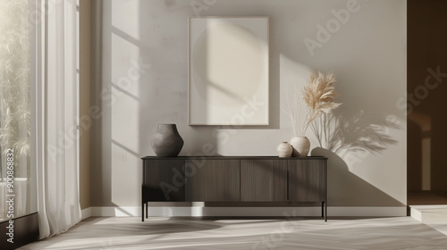 Minimalist Interior Design of a Modern Room with Wooden Sideboard, Pampas Grass In White Vase Against Light Grey Wall, Large Window with Curtains. Neutral Tone Elements. Wall Art Mockup. Copy Space.