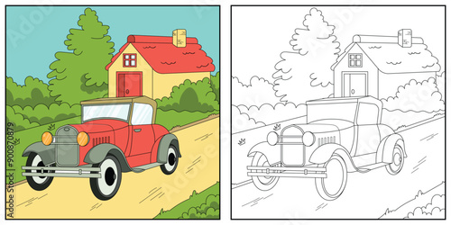 Retro vintage car sketch. Vector illustration in black and white. Coloring paper, page, book