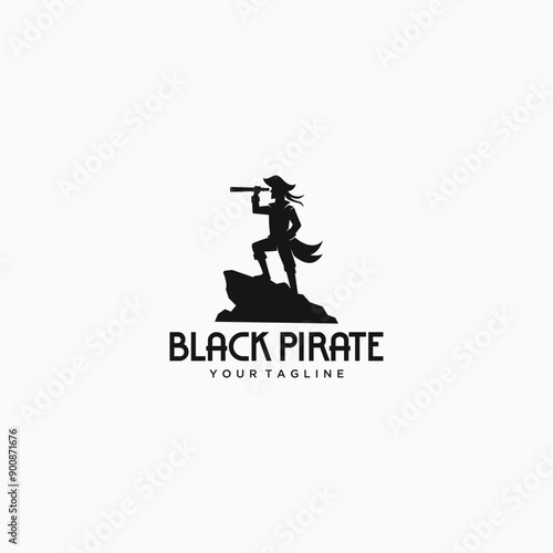 silhouette logo illustration of a pirate captain character standing on a cliff carrying binoculars looking at the open ocean