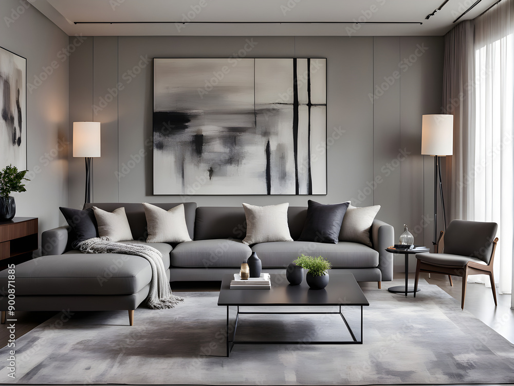 Fototapeta premium Stylish interior of living room with grey sofa and chest of drawers