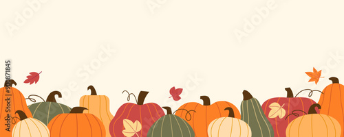 Autumn pumpkin background. Vector template for fall harvest pumpkin festival and events announcement, banner, invitation, flyer in flat style. Image is cropped with clipping mask.