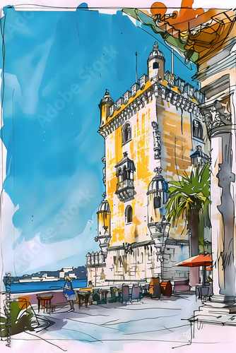 Watercolor Sketch Digital Illustration of Belem Tower, Portugal.