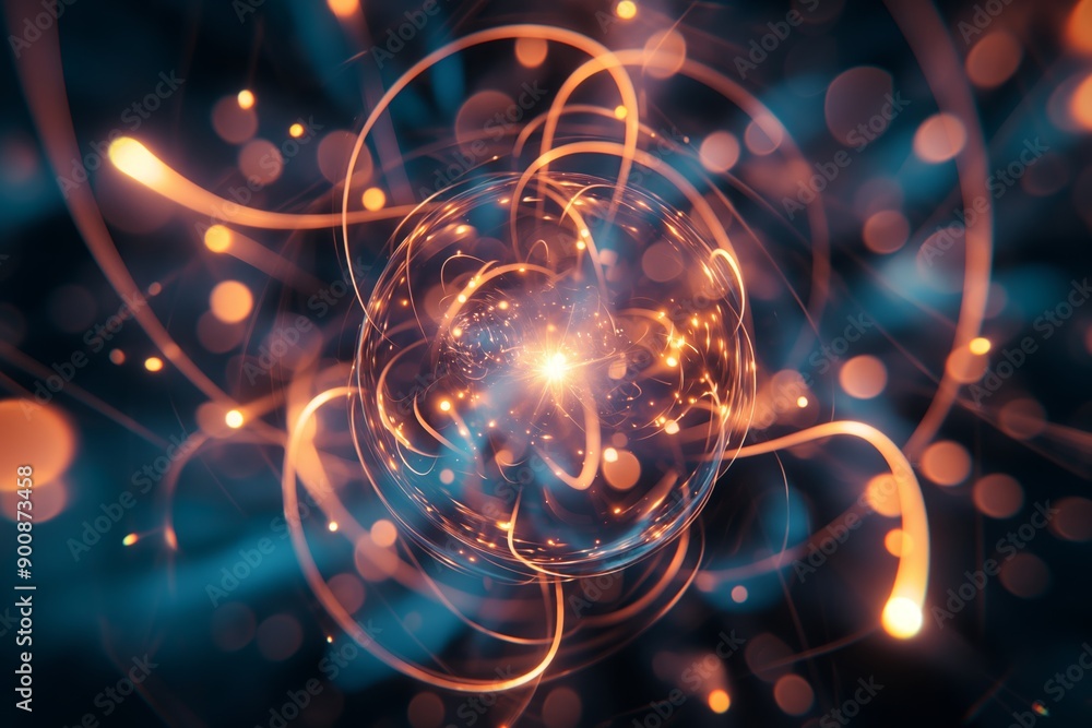 A luminous energy particle emits a radiant glow surrounded by swirling orange lines, representing power and creation. A luminous energy particle emits a radiant glow surrounded by swirling orange lines, representing power and creation.