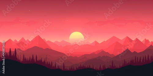 A picturesque sunset with a sun setting over mountains and visible tree silhouettes in the foreground.