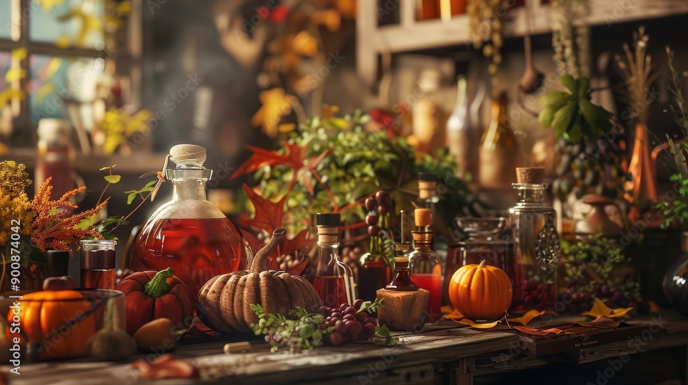Magical potion shop. Witch's workplace background Magical potion shop. Witch's workplace background