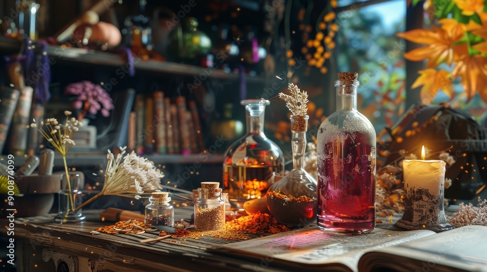 Magical potion shop. Witch's workplace background Magical potion shop. Witch's workplace background