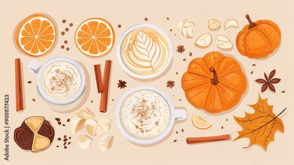 Pumpkin spice latte ingredients. Flat lay style background Pumpkin spice latte ingredients. Flat lay style background