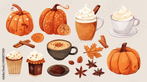 Fototapeta Naklejka Na Ścianę i Meble -  Pumpkin spice latte ingredients. Flat lay style background
