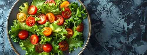 Vibrant Spring Salad. Fresh and healthy salad composed of crisp lettuce leaves and juicy tomatoes photo