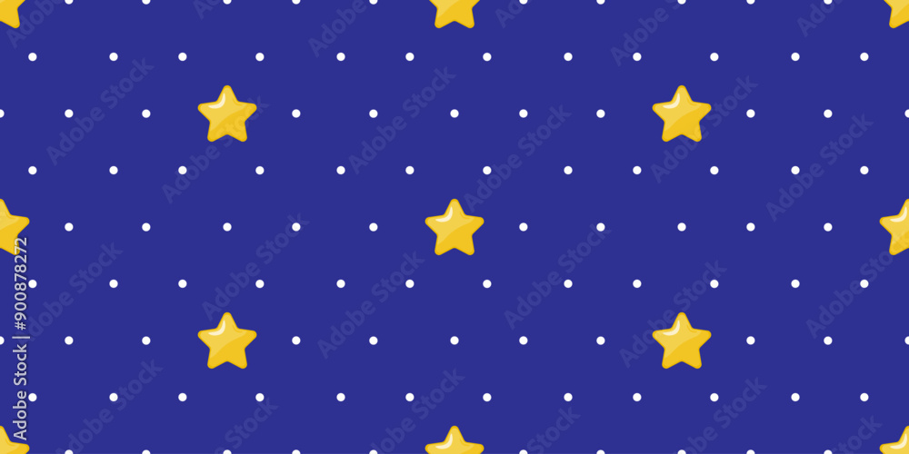 Blue and white seamless polka dot pattern with stars. Uniform white round dots and yellow stars on a blue background. This pattern is for textiles, wallpapers and digital backgrounds. Blue and white seamless polka dot pattern with stars. Uniform white round dots and yellow stars on a blue background. This pattern is for textiles, wallpapers and digital backgrounds.