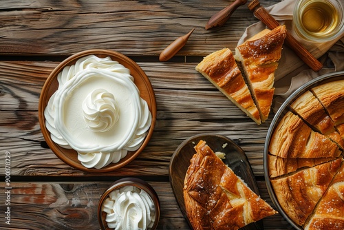 Photo gullac revani tulumba and bread kadayif dessert with cream on a wood floor  photo