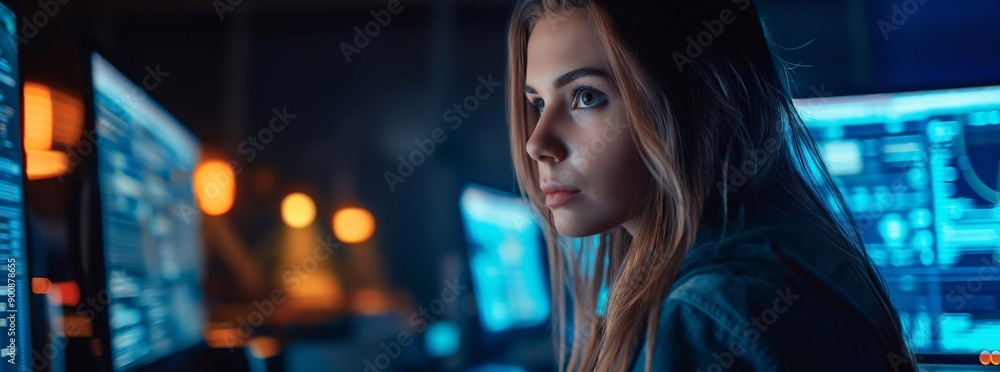 Female IT Computer specialist analysing artificial intelligence digital threats to consumer data & privacy breach. Software developer coding & ethical hacking in dark office. Female IT Computer specialist analysing artificial intelligence digital threats to consumer data & privacy breach. Software developer coding & ethical hacking in dark office.