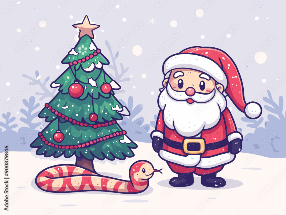Cartoon Santa Claus with snake and Christmas tree. Vector illustration Cartoon Santa Claus with snake and Christmas tree. Vector illustration