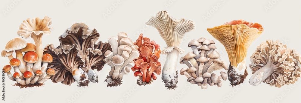 Fototapeta premium Watercolor Illustration of Various Edible Mushrooms on a White Background. Concept of Fungi, Foraging, Nature, and Organic Food