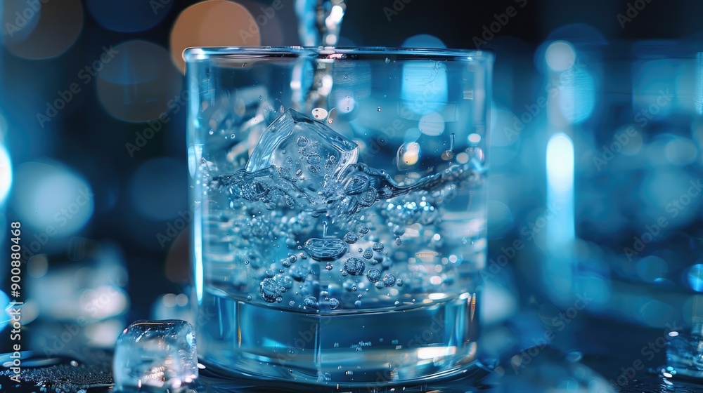 A glass of water with ice cubes in it is being poured. Concept of refreshment and relaxation A glass of water with ice cubes in it is being poured. Concept of refreshment and relaxation