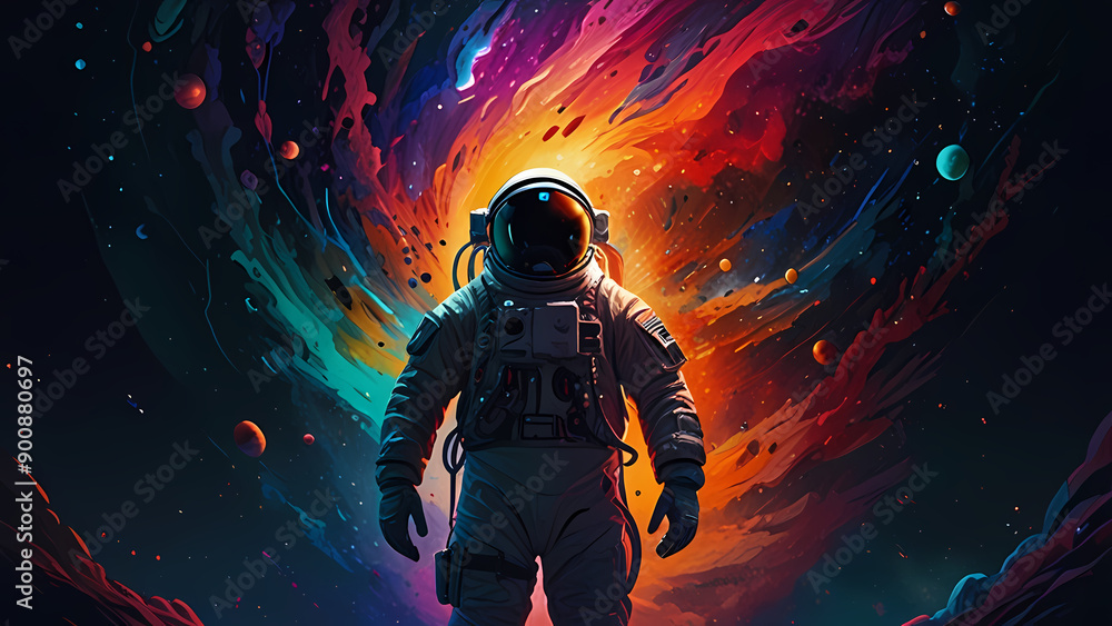 illustration background that features an astronaut floating through a vibrant, otherworldly nebula, with swirling colors and abstract shapes illustration background that features an astronaut floating through a vibrant, otherworldly nebula, with swirling colors and abstract shapes