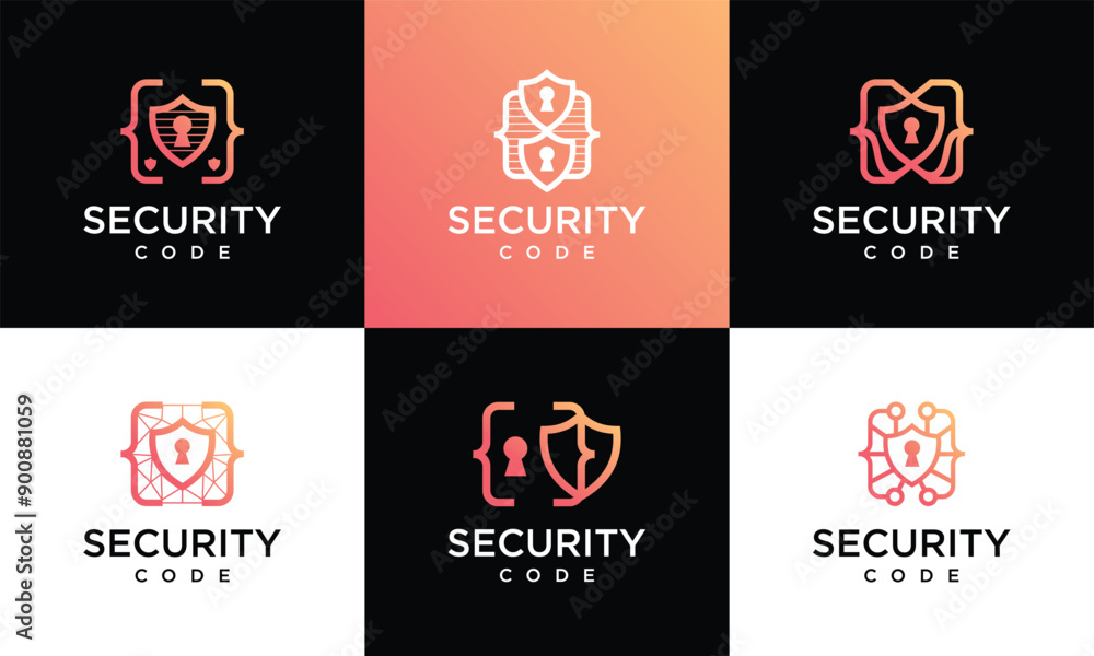 Minimalist shield security code logo collection, shield security icon set for programming code logo design. Minimalist shield security code logo collection, shield security icon set for programming code logo design.