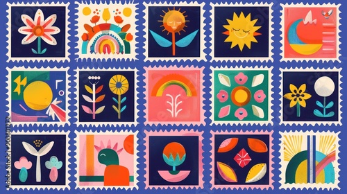 A grid of colorful postage stamps with bold shapes and patterns, including flowers, suns, rainbows, geometric forms, and abstract designs, are arranged in an orderly fashion on a blue background.