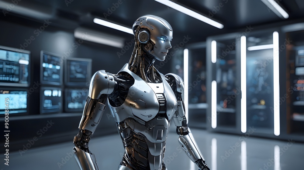 Sleek AI Robot in Futuristic Laboratory: Metallic Body, Glowing Blue Eyes, High-Tech Environment Sleek AI Robot in Futuristic Laboratory: Metallic Body, Glowing Blue Eyes, High-Tech Environment
