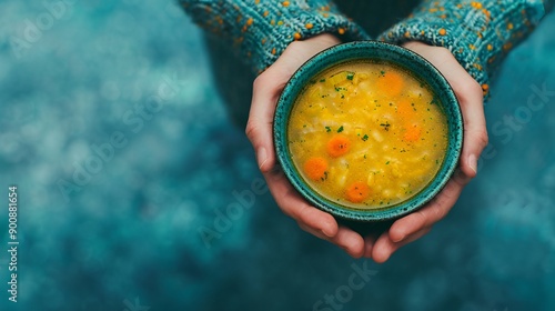Close-up of hands holding a bowl of vegetable soup.