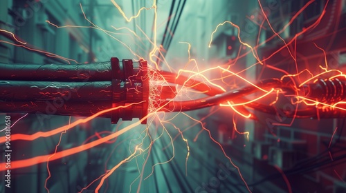 Electrical transmission tower with light trails and cabels