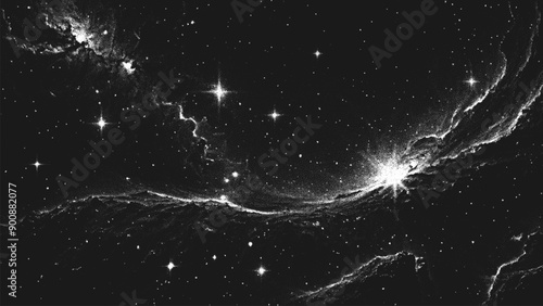 Deep space scene background in stippling style with amazing huge nebula and glowing stars cluster in universe. Retro styled dotwork. Pointillism. Noisy grainy shading using dots. Vector illustration	