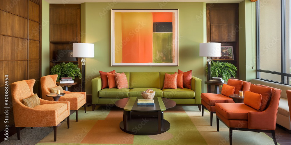Interior design showcasing a modern living room with an orange and green color theme Interior design showcasing a modern living room with an orange and green color theme