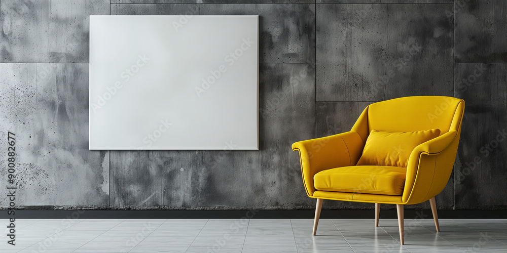 Modern minimalist interior with yellow armchair and blank canvas Modern minimalist interior with yellow armchair and blank canvas
