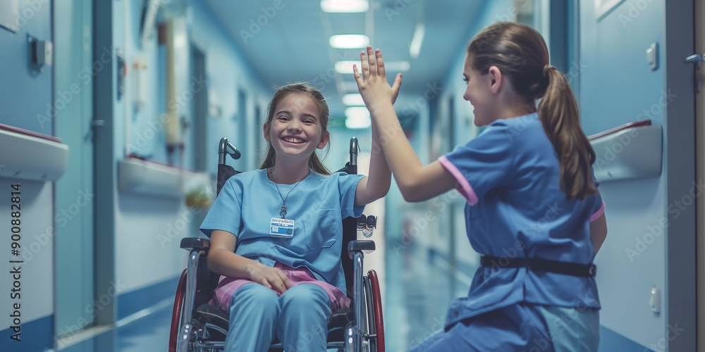 Obraz premium Young patient giving high five to nurse in hospital corridor
