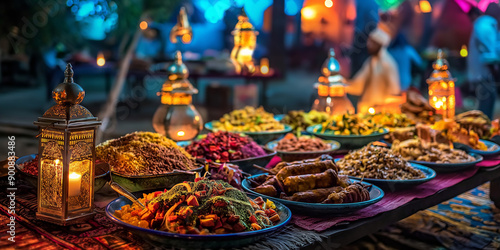 Moroccan cuisine displayed at a night market, with lanterns illuminating the food stalls