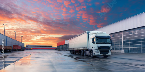 White semi truck parked in a large distribution hub at sunset photo