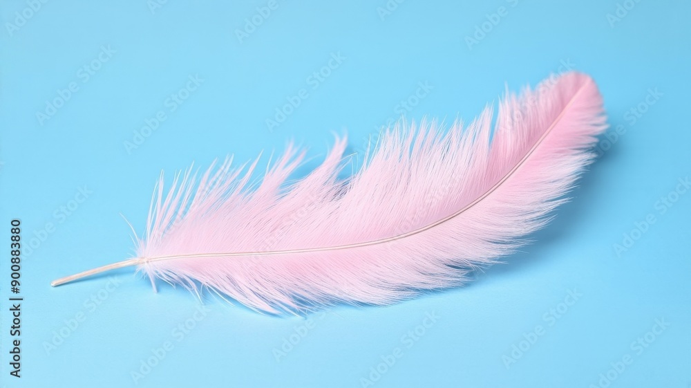 Obraz premium Soft Pink Feather on Blue Background - Minimalist Nature Stock Photo for Blog and Social Media Use