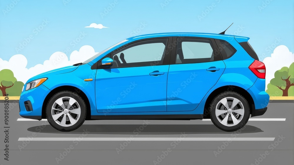 Obraz premium Blue Compact Car Illustration Parked in Suburban Neighborhood on a Sunny Day