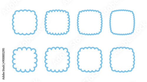Square cloud shapes set. Blue outline frames with scallop edges.