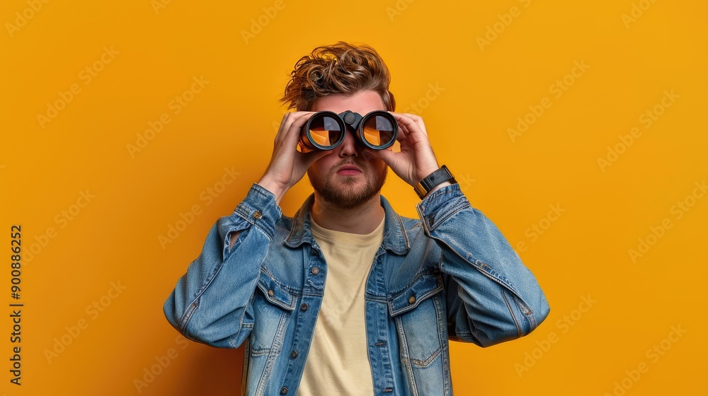 A man wearing a blue jacket and yellow shirt is looking through a pair of sunglasses. The sunglasses are black and have yellow lenses A man wearing a blue jacket and yellow shirt is looking through a pair of sunglasses. The sunglasses are black and have yellow lenses