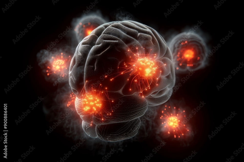 Digital illustration of a brain with glowing neural connections symbolizing cognitive processes and technology in a vibrant and futuristic style Digital illustration of a brain with glowing neural connections symbolizing cognitive processes and technology in a vibrant and futuristic style