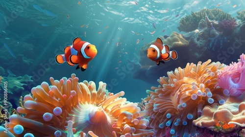 Cute anemone fish playing on the coral reef, beautiful color clownfish on coral feefs, anemones on tropical coral reefs