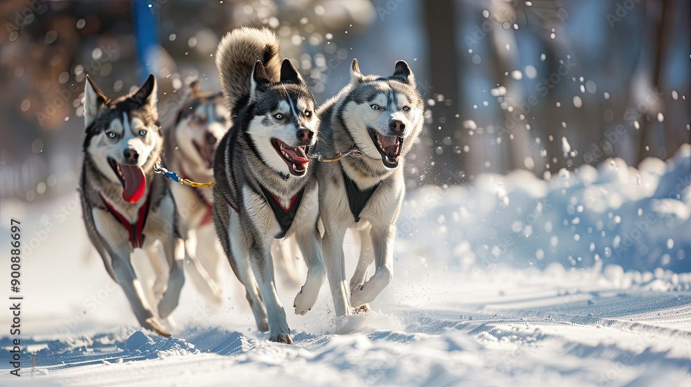 Three huskies are running in the snow, pulling a sled. The dogs are all wearing harnesses and are clearly enjoying the activity Three huskies are running in the snow, pulling a sled. The dogs are all wearing harnesses and are clearly enjoying the activity
