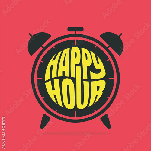 Happy hour logotype with a alarm clock flat icon on red background. Happy hour offer tag, label, sticker. Discount banner, poster, template for happy hour concept.