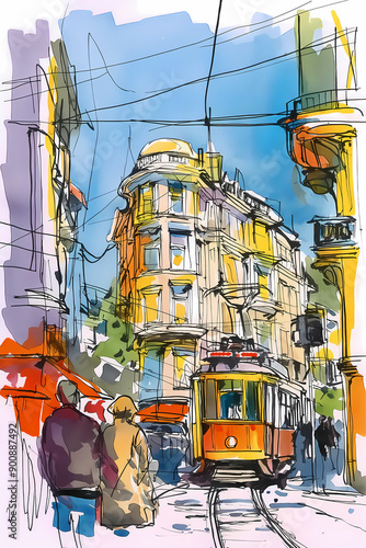 Watercolor Sketch Digital Illustration of Nostalgic Tram in Taksim, Istanbul. photo