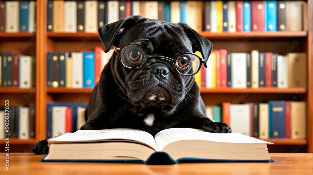 Adorable Black Pug with Glasses Reading a Book in a Library - Cute and Smart Dog Illustration Adorable Black Pug with Glasses Reading a Book in a Library - Cute and Smart Dog Illustration